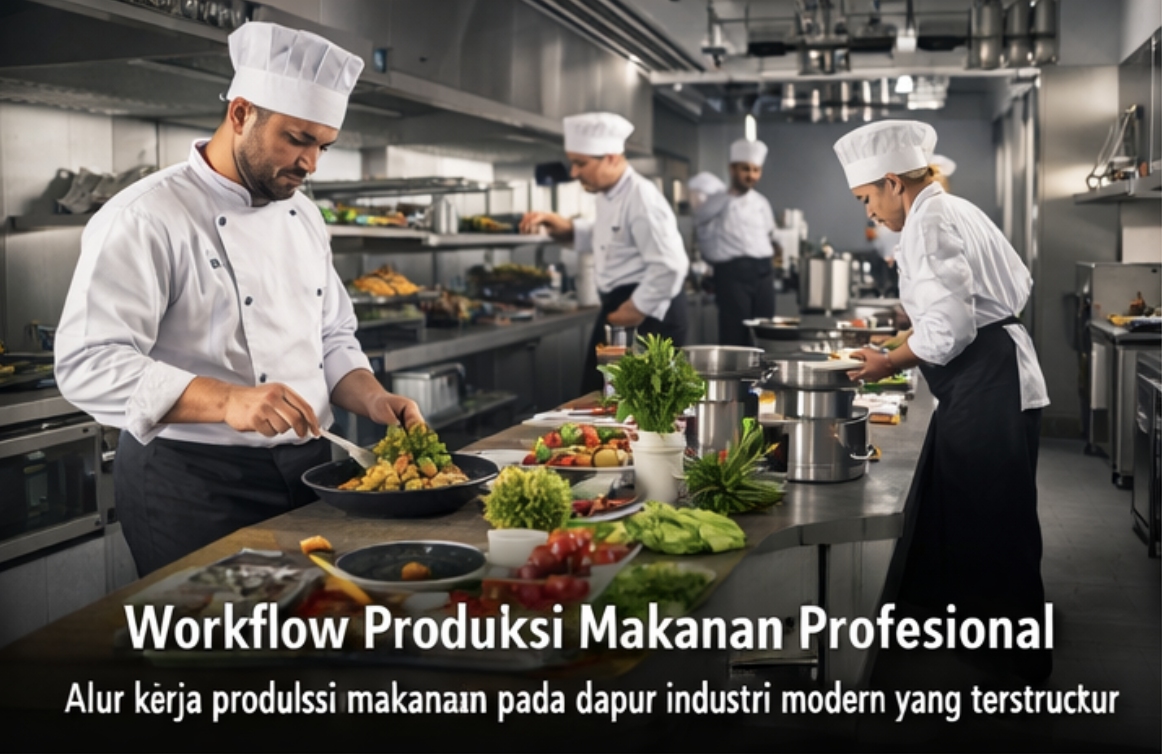 alur kerja produksi makanan dari penerimaan bahan hingga penyajian dalam dapur industri